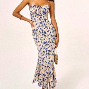 Commense Floral Blue & Cream Spaghetti-Strap Dress
